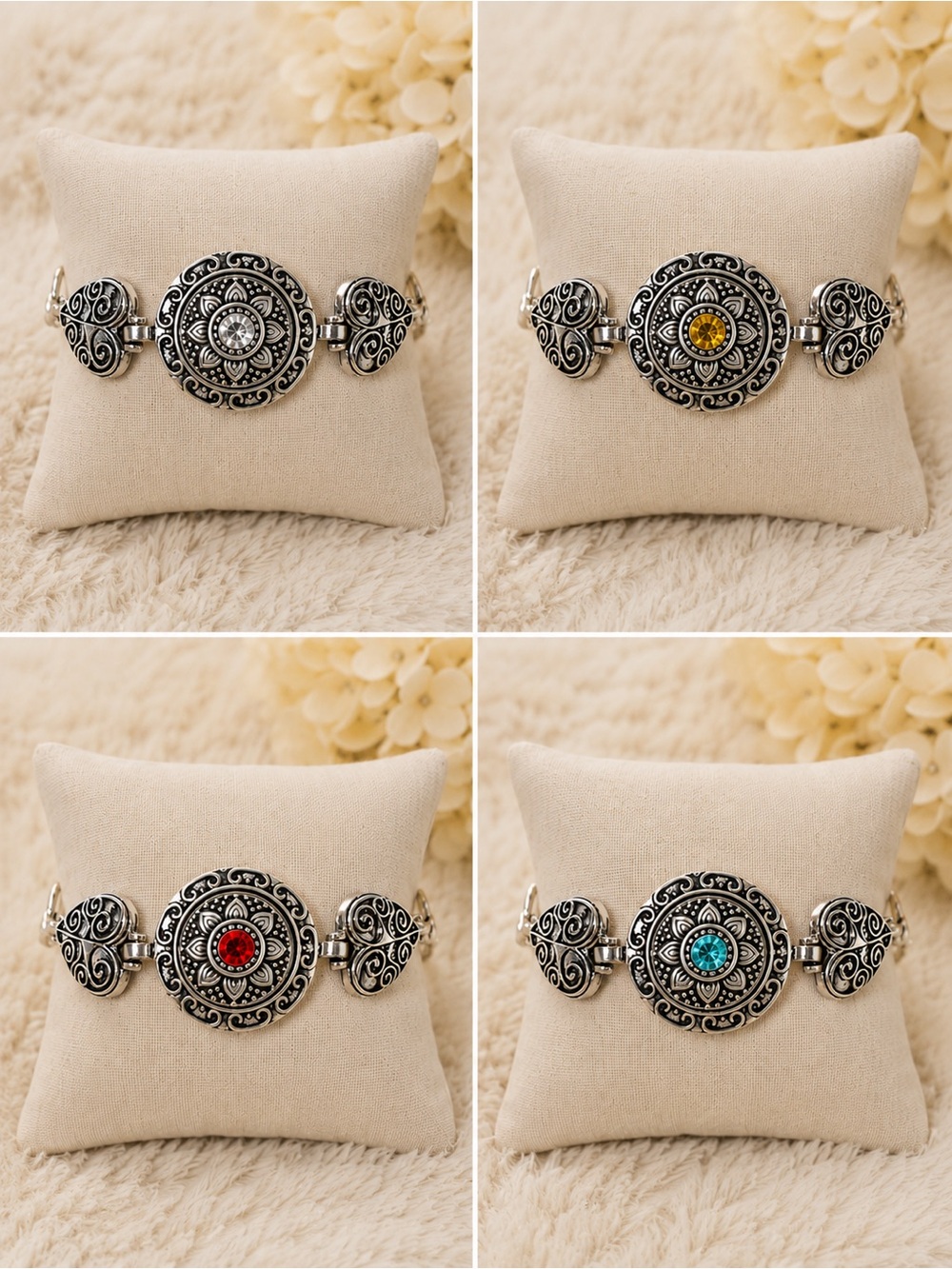 Interchangeable Snap Bracelet with 4 Snaps Silver Tone Filigree Toggle Bracelet